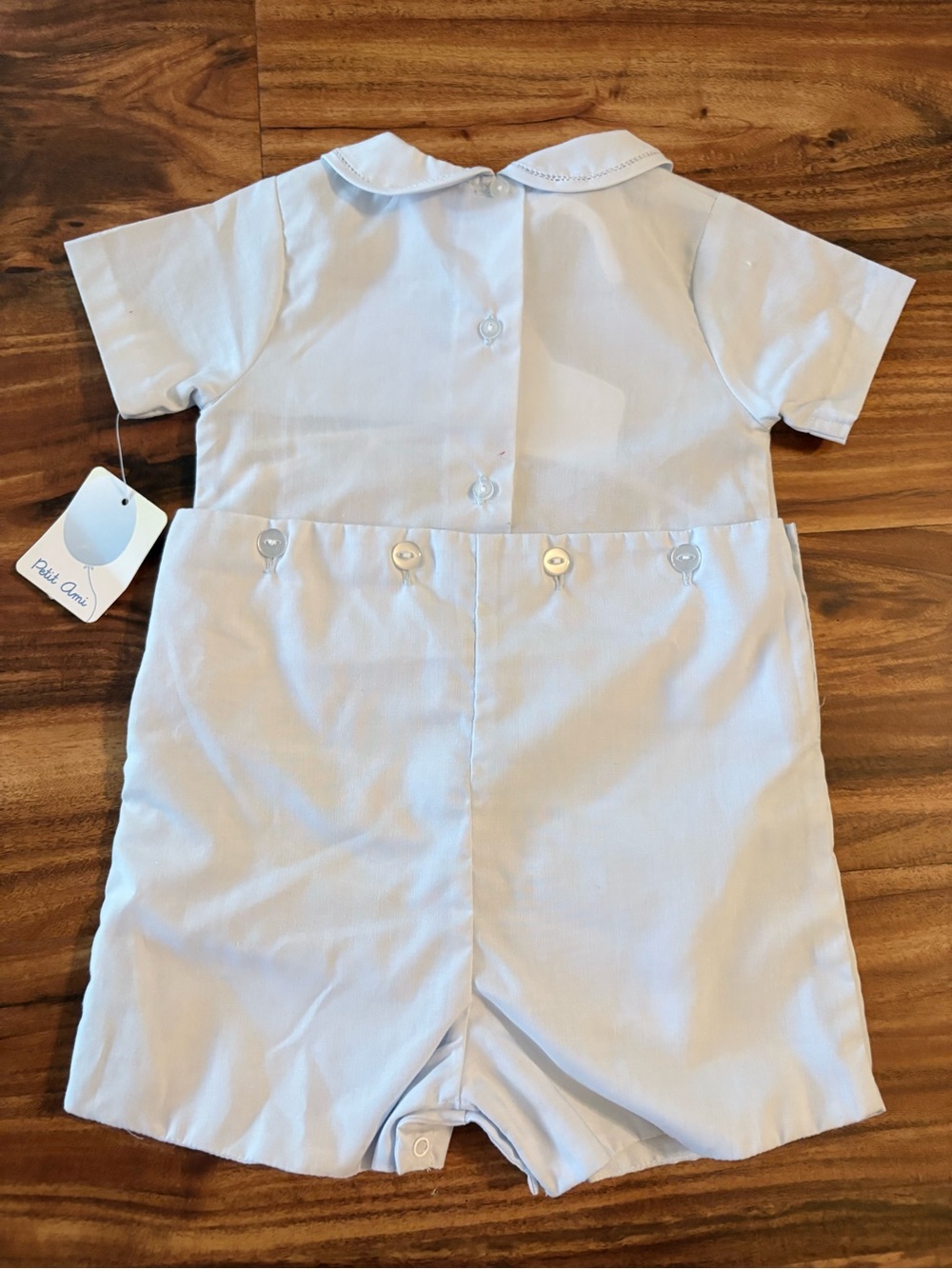 NWT Petit Ami Baby Blue Boys Smocked Button On Jon Jon Romper 6 Months 1 Piece - Picture 8 of 9